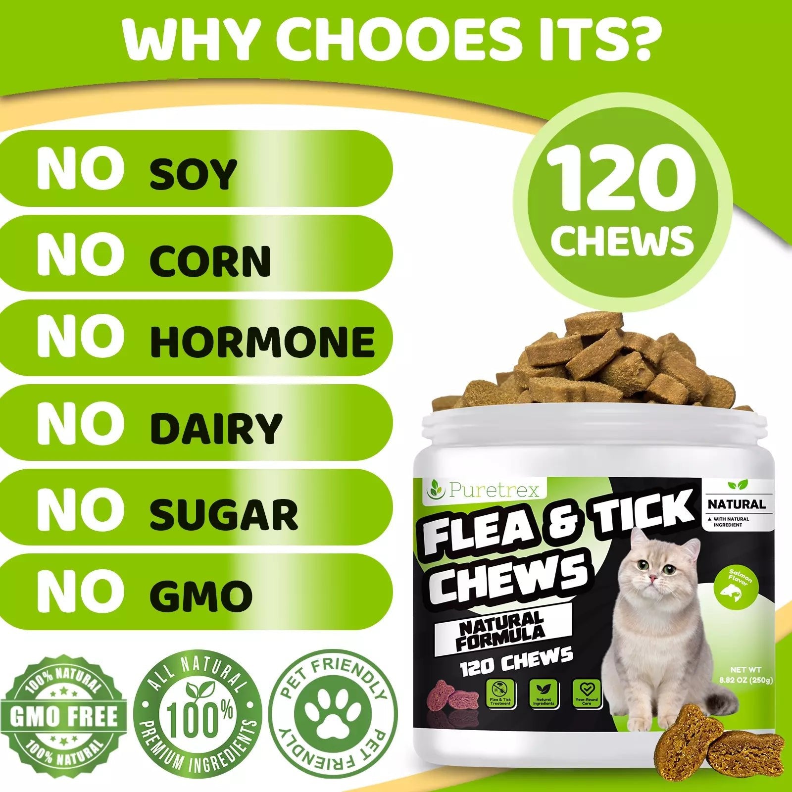 Benefits of PURETREX Flea & Tick Chews – 120 chews, no soy, no corn, no hormones, no dairy, no sugar, non-GMO natural formula.