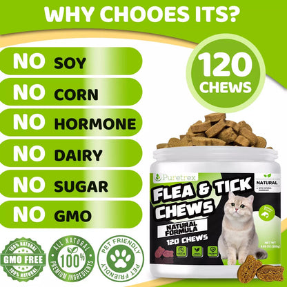 Benefits of PURETREX Flea & Tick Chews – 120 chews, no soy, no corn, no hormones, no dairy, no sugar, non-GMO natural formula.