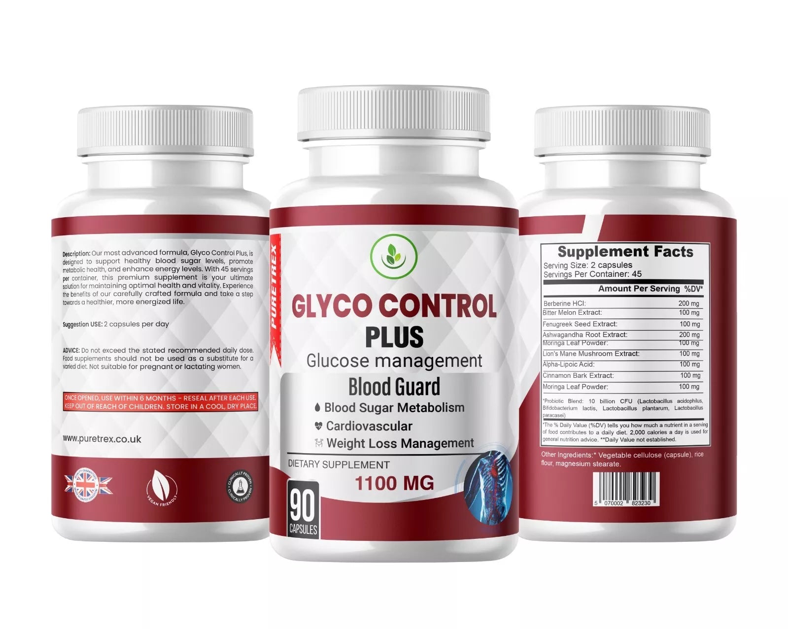 Glyco Control Plus Blood Glucose and Cardiovascular Support capsules - PURETREX Back and side view of Puretrex Glyco Control Plus bottle – 90 capsules, UK made, vegan, non-GMO dietary supplement.