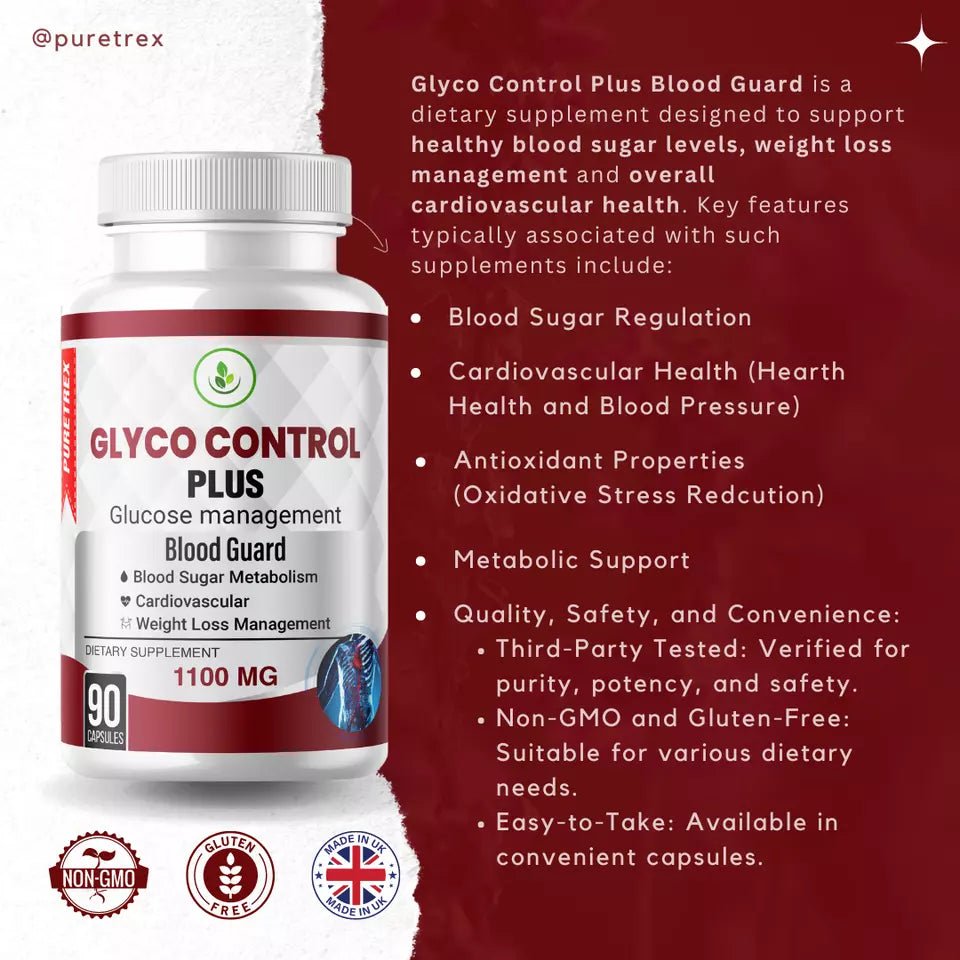 Glyco Control Plus Blood Glucose and Cardiovascular Support capsules - PURETREX Supplement facts and key benefits of Puretrex Glyco Control Plus – advanced blood sugar support formula with natural ingredients.