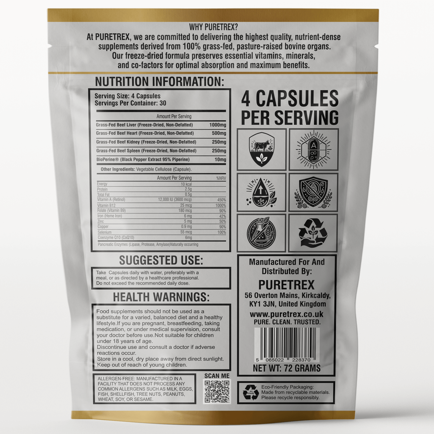 Back label of PURETREX Grass-Fed Beef Organs Complex – full nutrition information, suggested use, health warnings, vegan-friendly, non-GMO, GMP certified.