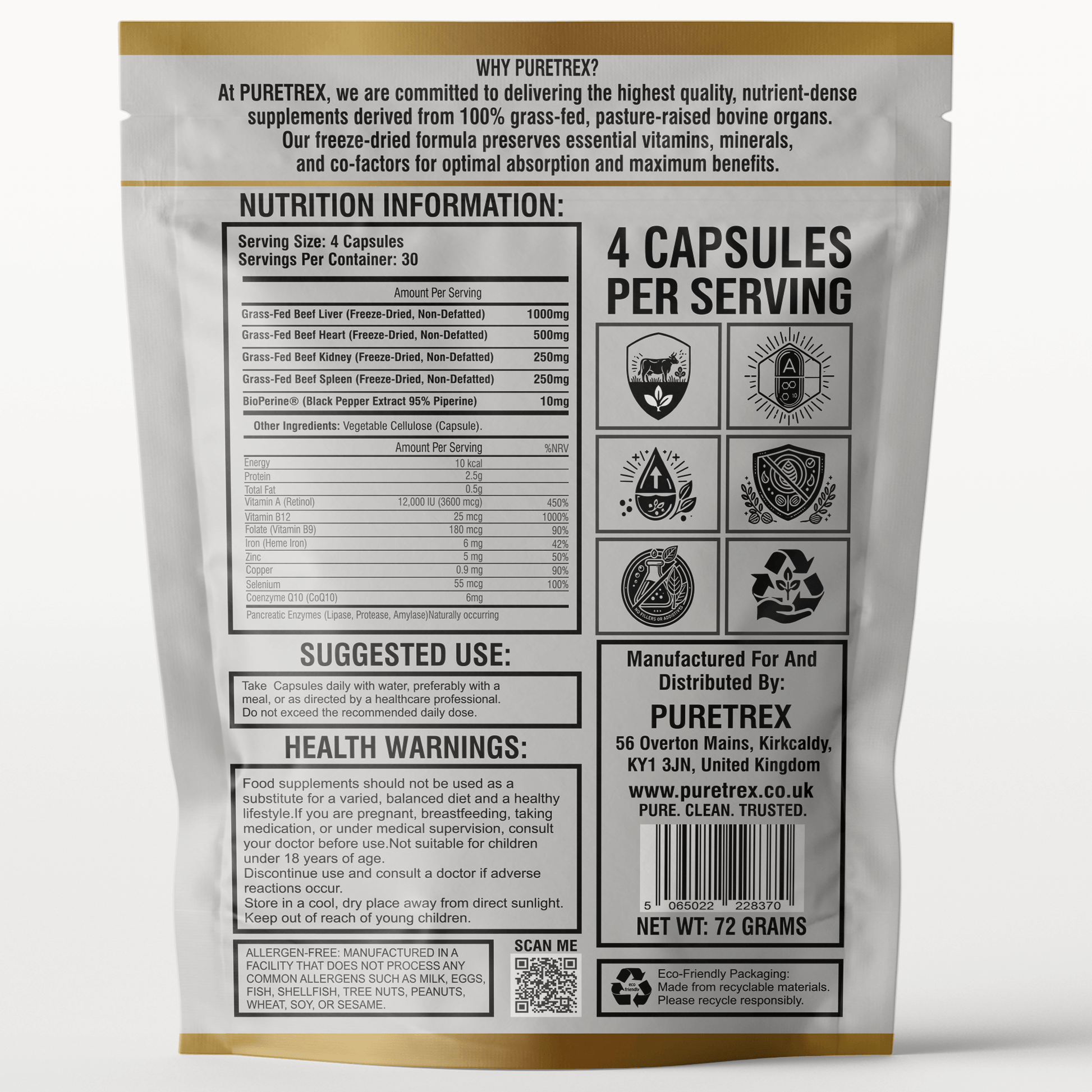 Back label of PURETREX Grass-Fed Beef Organs Complex – full nutrition information, suggested use, health warnings, vegan-friendly, non-GMO, GMP certified.