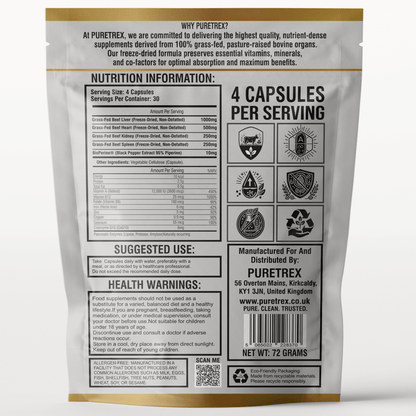 Back label of PURETREX Grass-Fed Beef Organs Complex – full nutrition information, suggested use, health warnings, vegan-friendly, non-GMO, GMP certified.