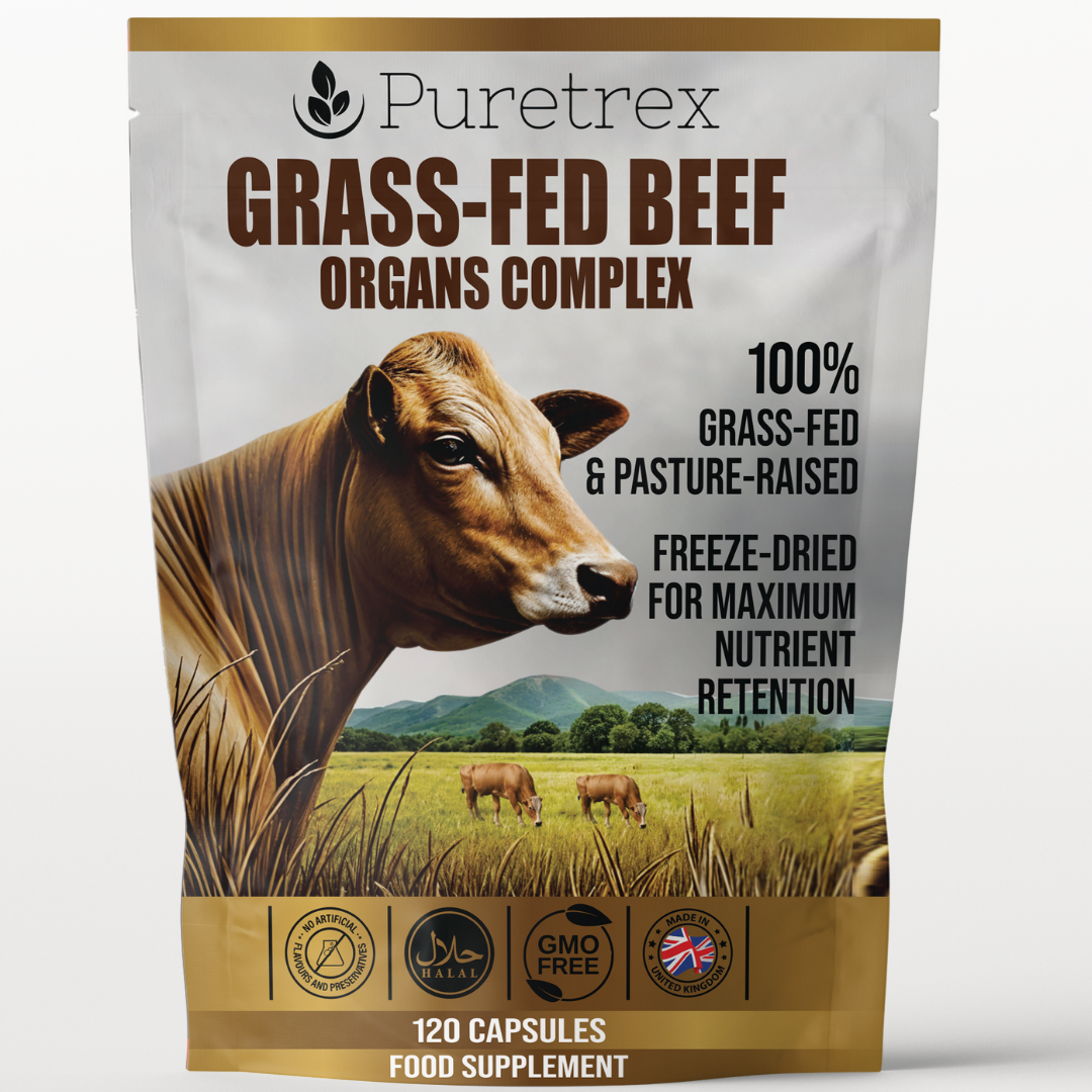 PURETREX Grass-Fed Beef Organs Complex supplement, 100% pasture-raised beef liver, heart, kidney, and spleen, freeze-dried for maximum nutrient retention, 120 capsules food supplement.