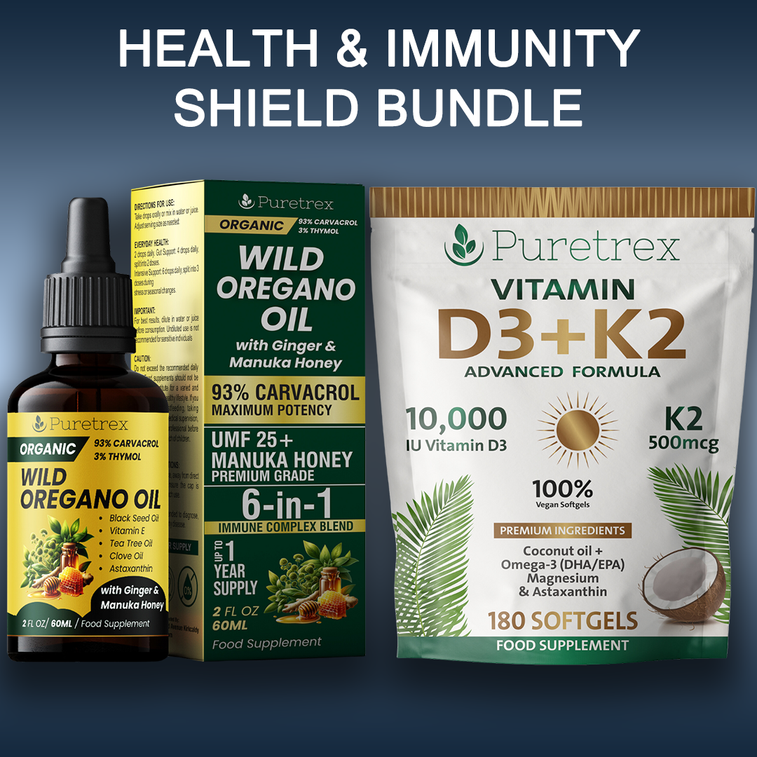 Puretrex Health & Immunity Shield Bundle featuring Wild Oregano Oil with Ginger & Manuka Honey and Vitamin D3 + K2 softgels for advanced daily support.
