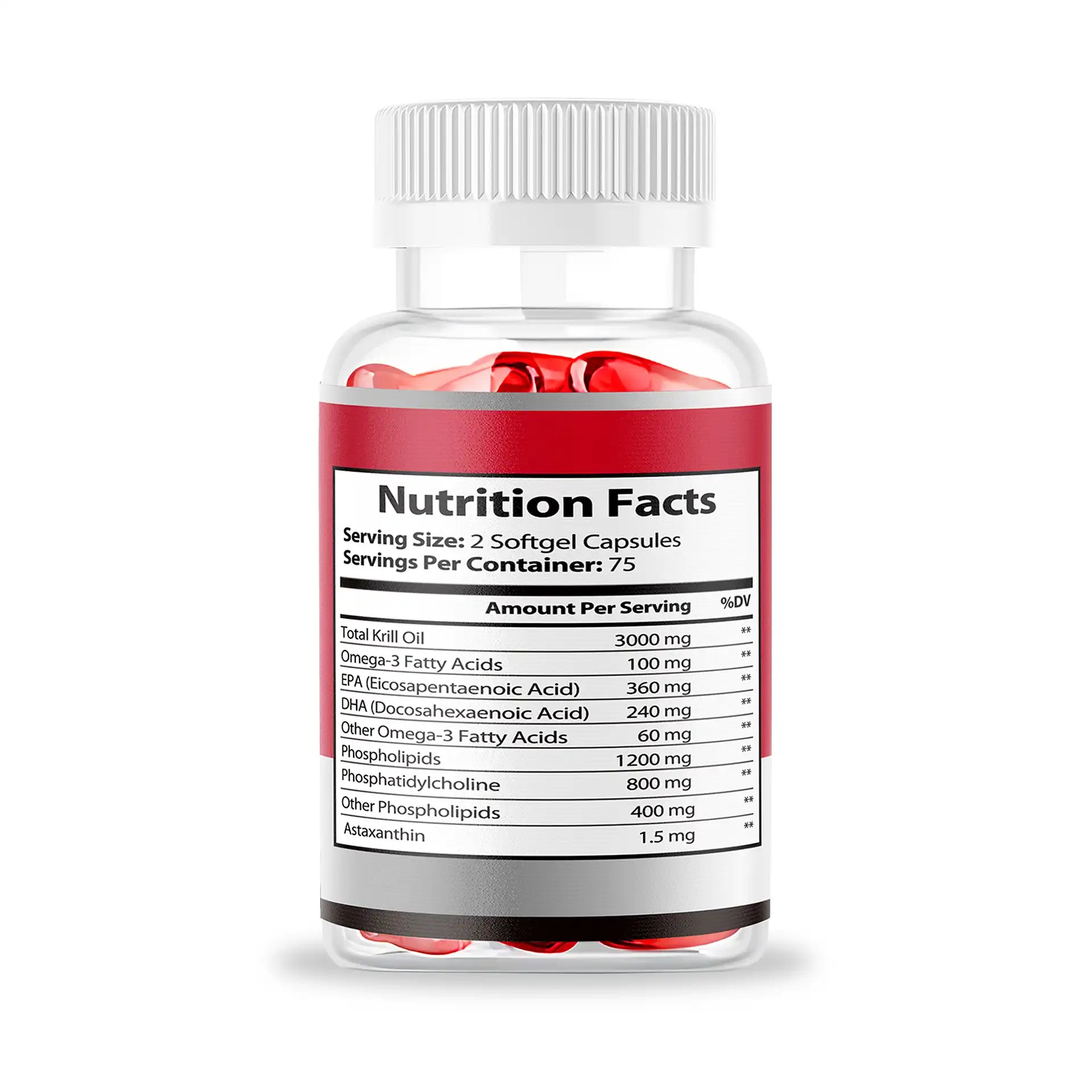 Bottle of softgel capsules with a nutrition facts label on a white background
