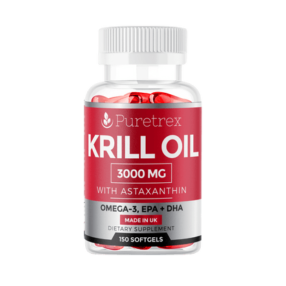 PURETREX Krill Oil 3000mg with Astaxanthin, Omega-3 EPA & DHA – premium joint, heart, and brain support, 150 softgels.