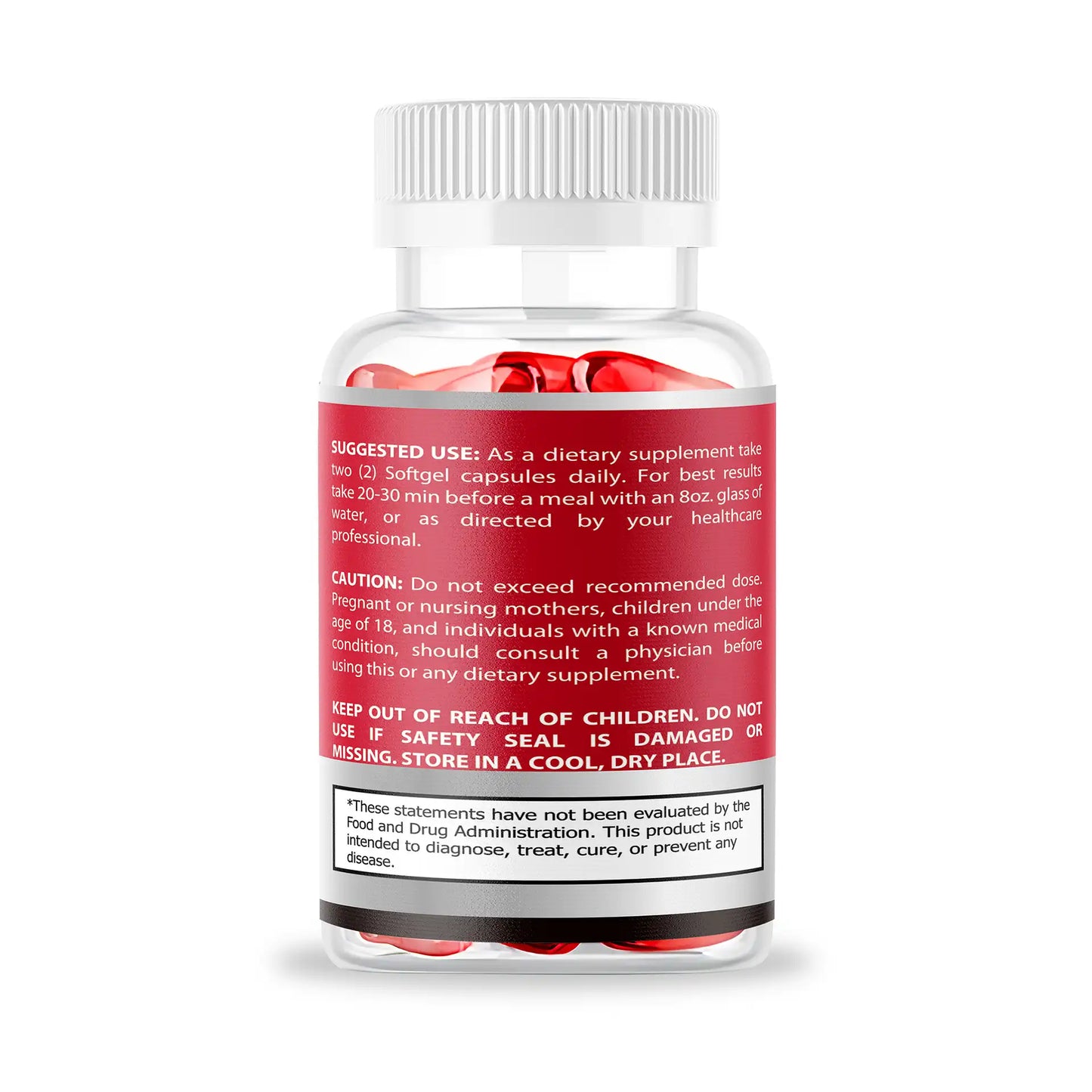 Supplement bottle with a red label on a white background