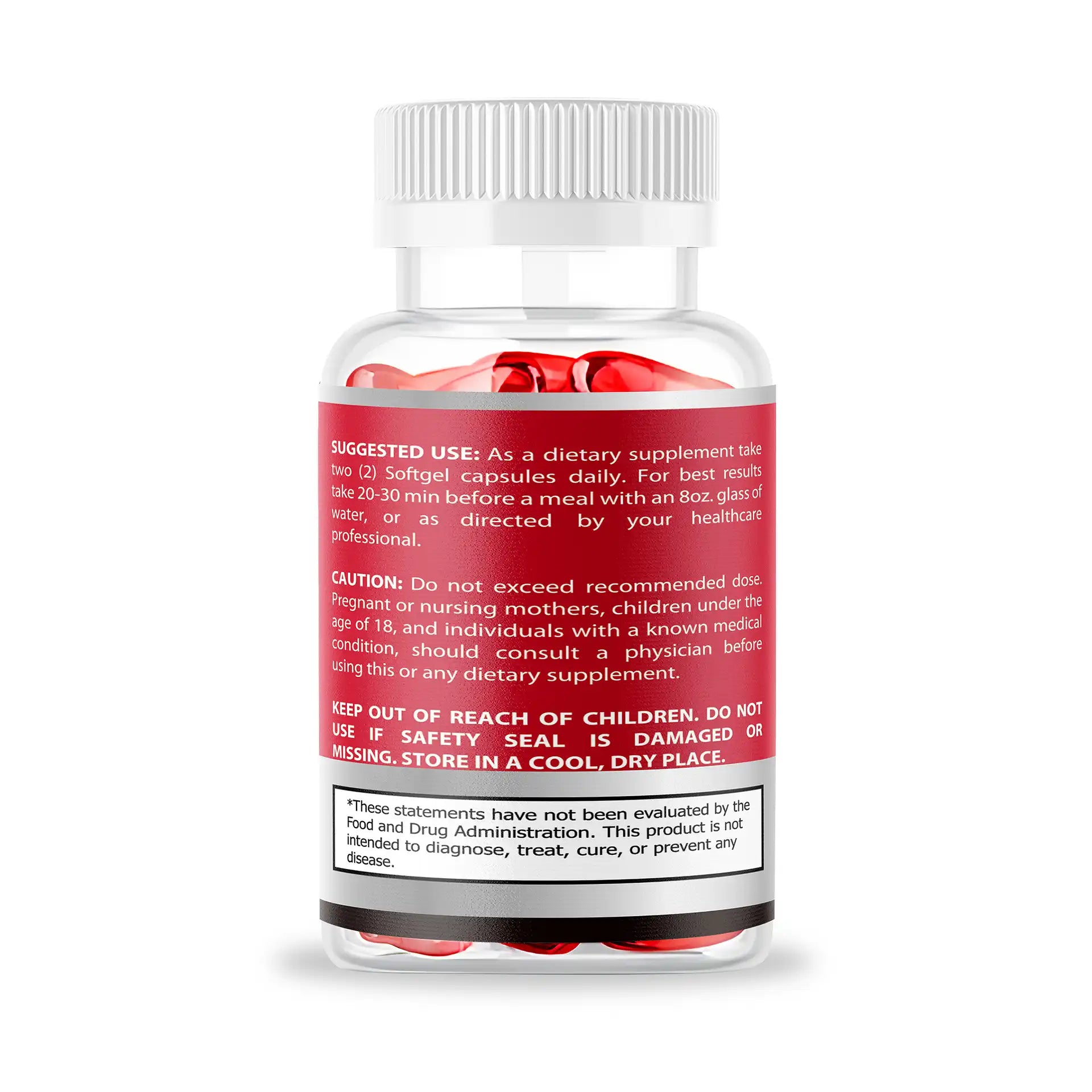 Supplement bottle with a red label on a white background
