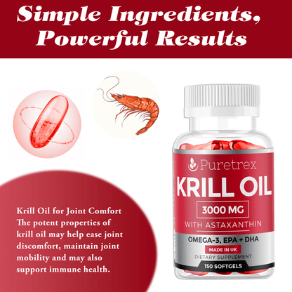 PURETREX Krill Oil 3000mg – simple ingredients with powerful results, Omega-3 fatty acids and Astaxanthin for heart, joint, and immune health.
