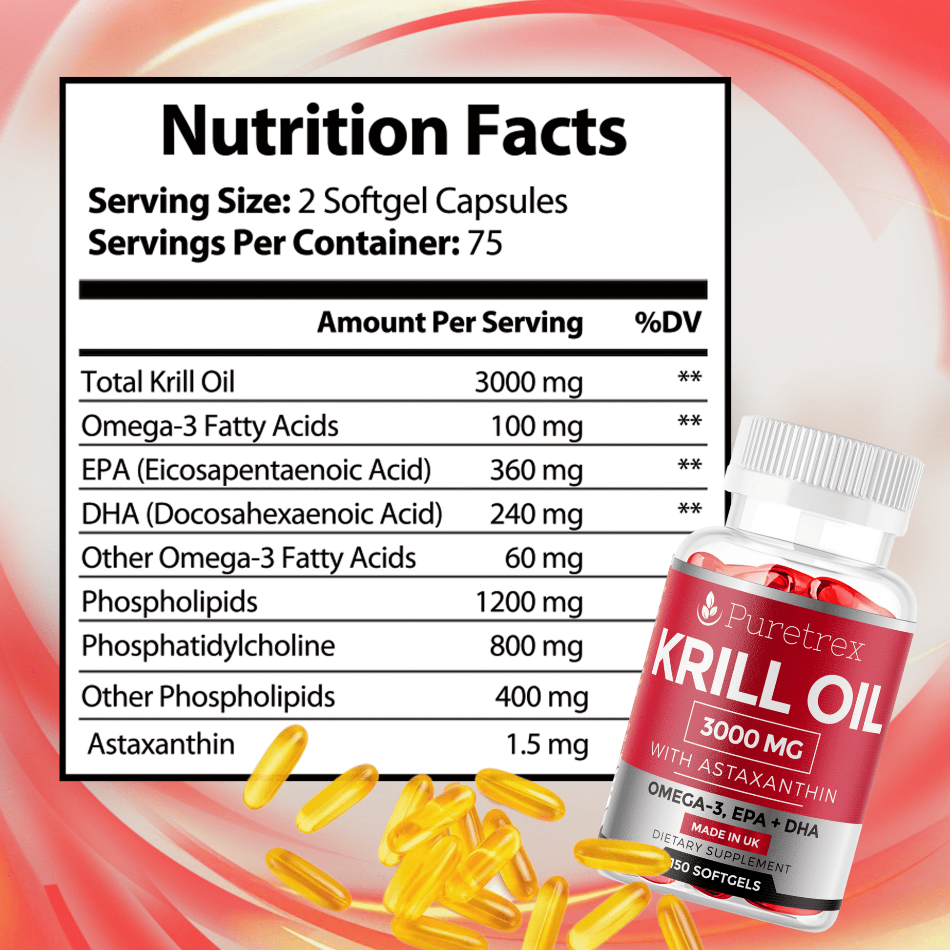 Supplement facts for PURETREX Krill Oil – 3000mg per serving with Omega-3, EPA, DHA, Phospholipids, and Astaxanthin.