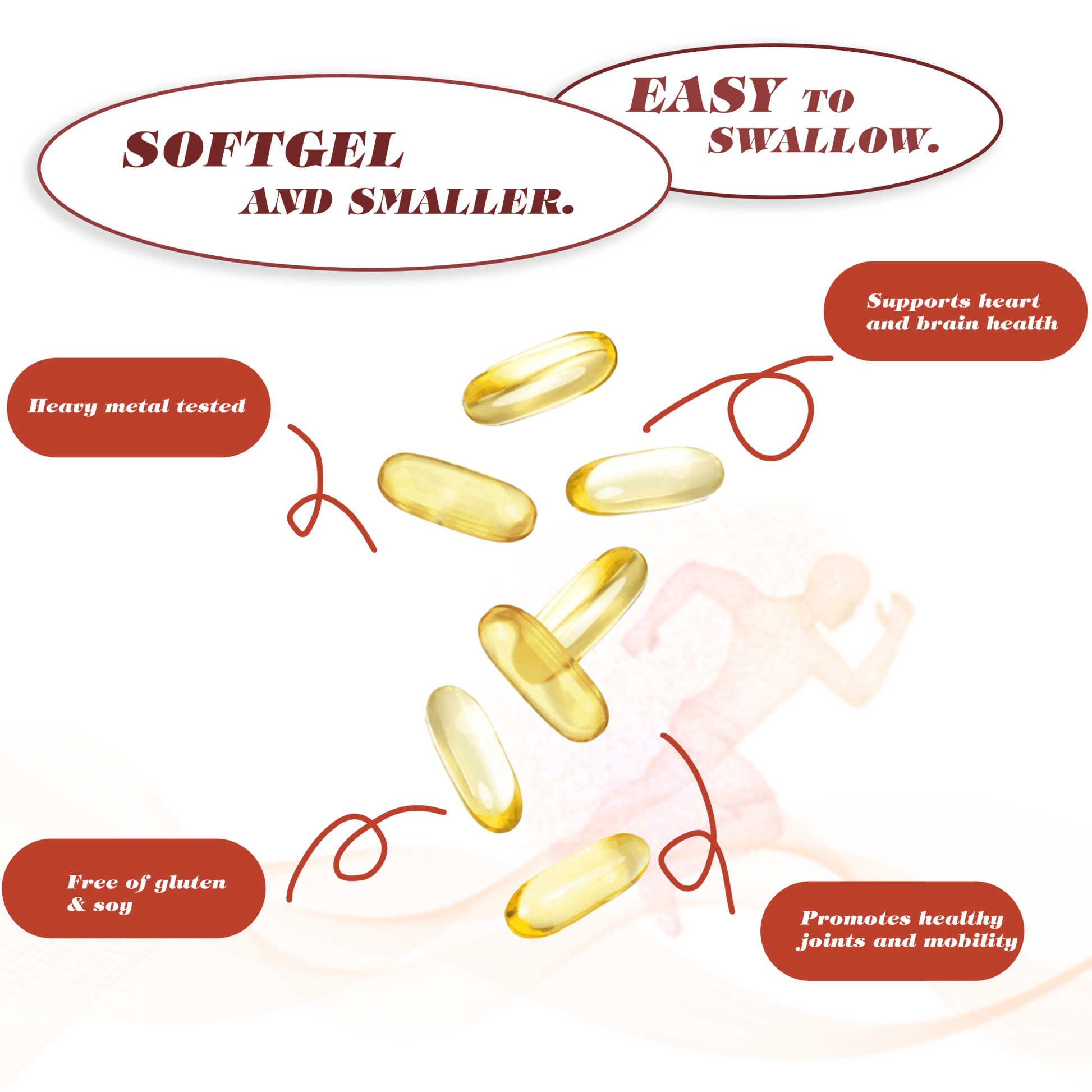 PURETREX Krill Oil bottle with Astaxanthin graphic, showcasing its antioxidant properties. Easy to swallow PURETREX Krill Oil softgels – small, convenient capsules providing 3000mg Omega-3 with EPA, DHA, and Astaxanthin.