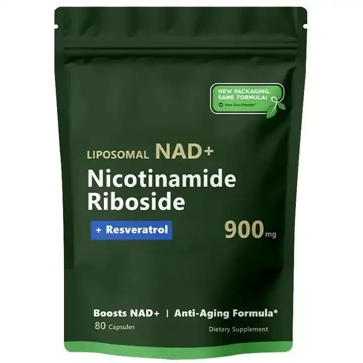 Puretrex Liposomal NAD+ Nicotinamide Riboside with Resveratrol 900mg, 80 capsules, premium anti-aging supplement in green pouch.