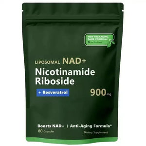 Puretrex Liposomal NAD+ Nicotinamide Riboside with Resveratrol 900mg, 80 capsules, premium anti-aging supplement in green pouch.