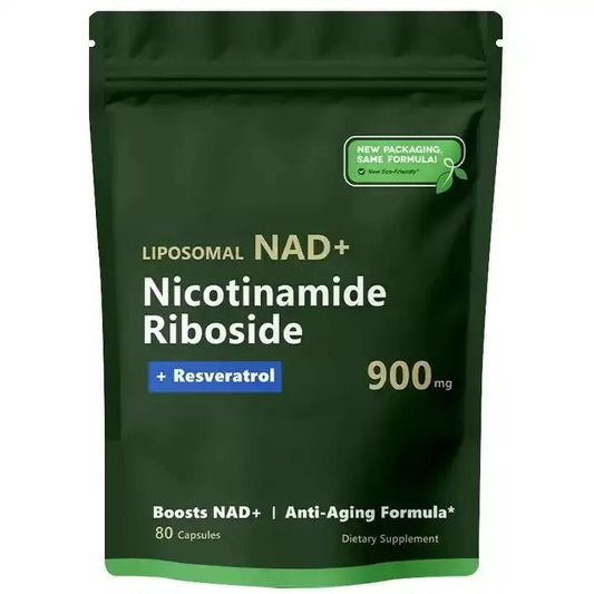 Puretrex Liposomal NAD+ Nicotinamide Riboside with Resveratrol 900mg, 80 capsules, premium anti-aging supplement in green pouch.