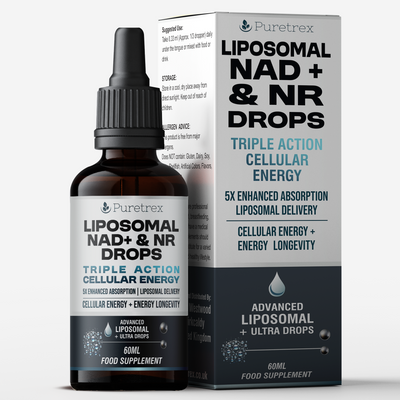 Product packaging of Puretrex Liposomal NAD+ & NR Drops showing the dropper bottle and outer box with branding and key label highlights.