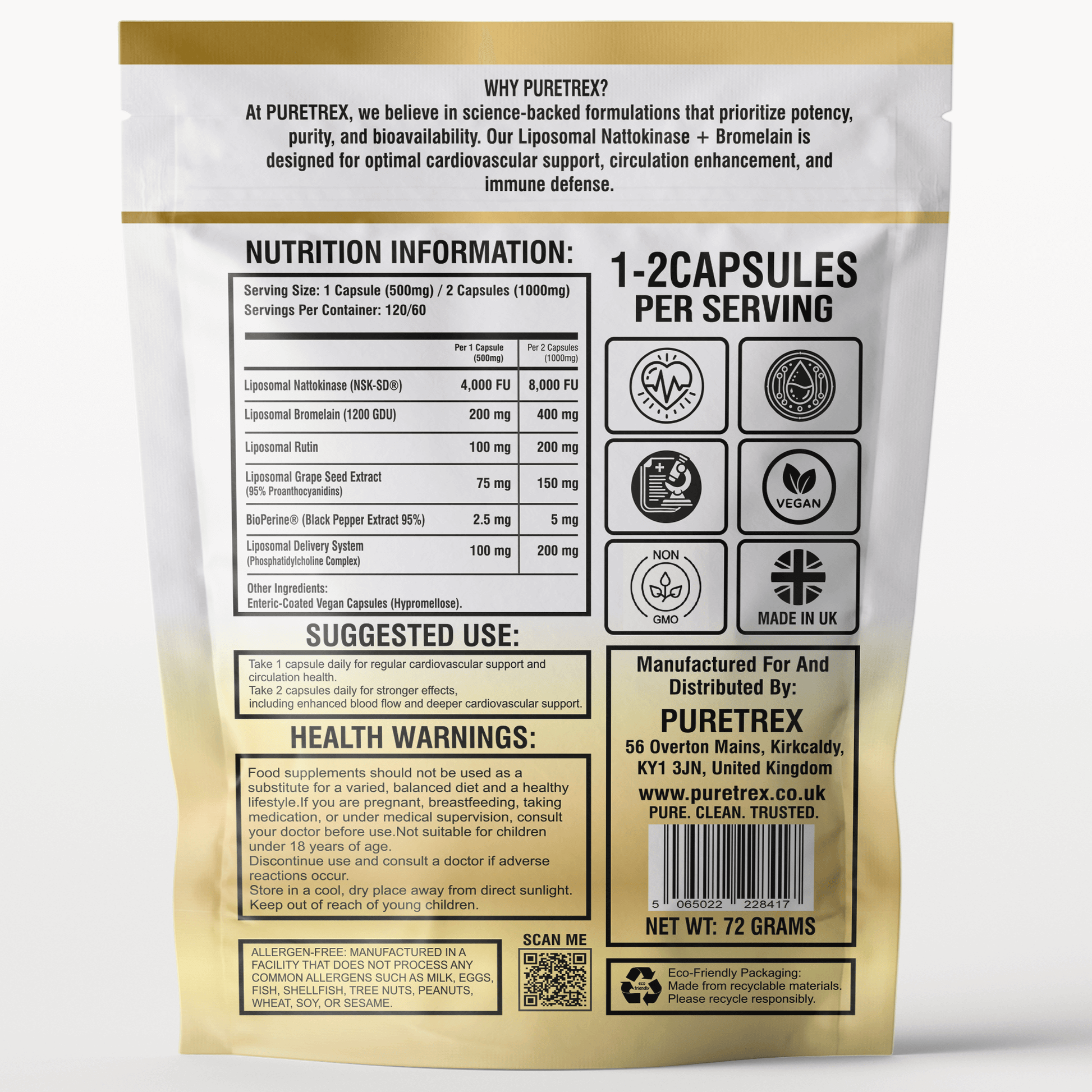 Back label of Puretrex Liposomal Nattokinase 4000FU + Bromelain – nutrition facts, suggested use, vegan-friendly, non-GMO supplement