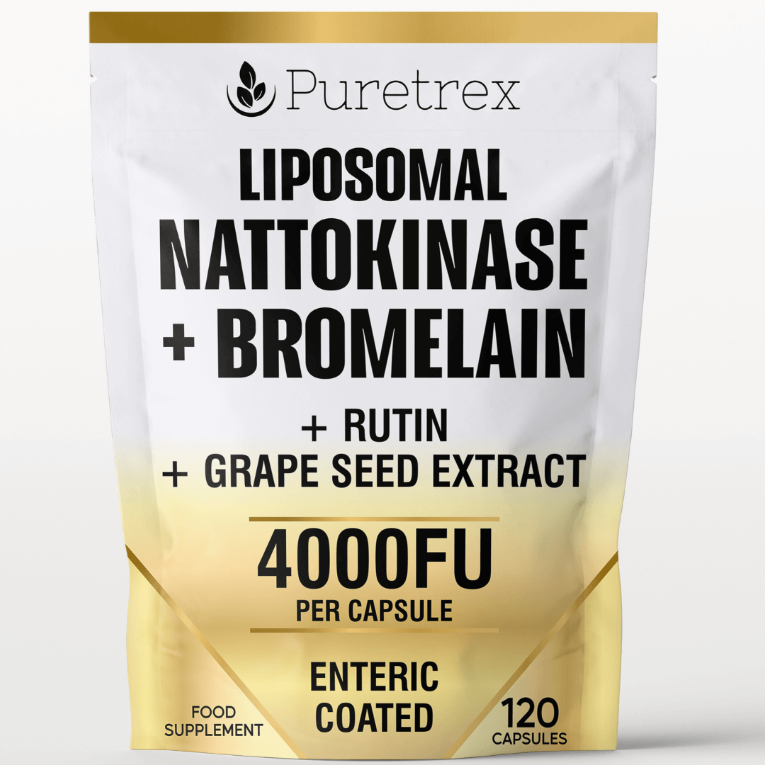 Puretrex Liposomal Nattokinase 4000FU + Bromelain front packaging – cardiovascular support, blood flow, vascular and heart health supplement