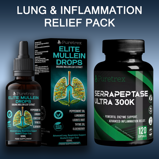 Puretrex Lung & Inflammation Relief Pack featuring Elite Mullein Drops with mullein, elderberry, thyme, licorice, peppermint, lungwort, and Serrapeptase Ultra 300K capsules for advanced lung, respiratory, and inflammation support.