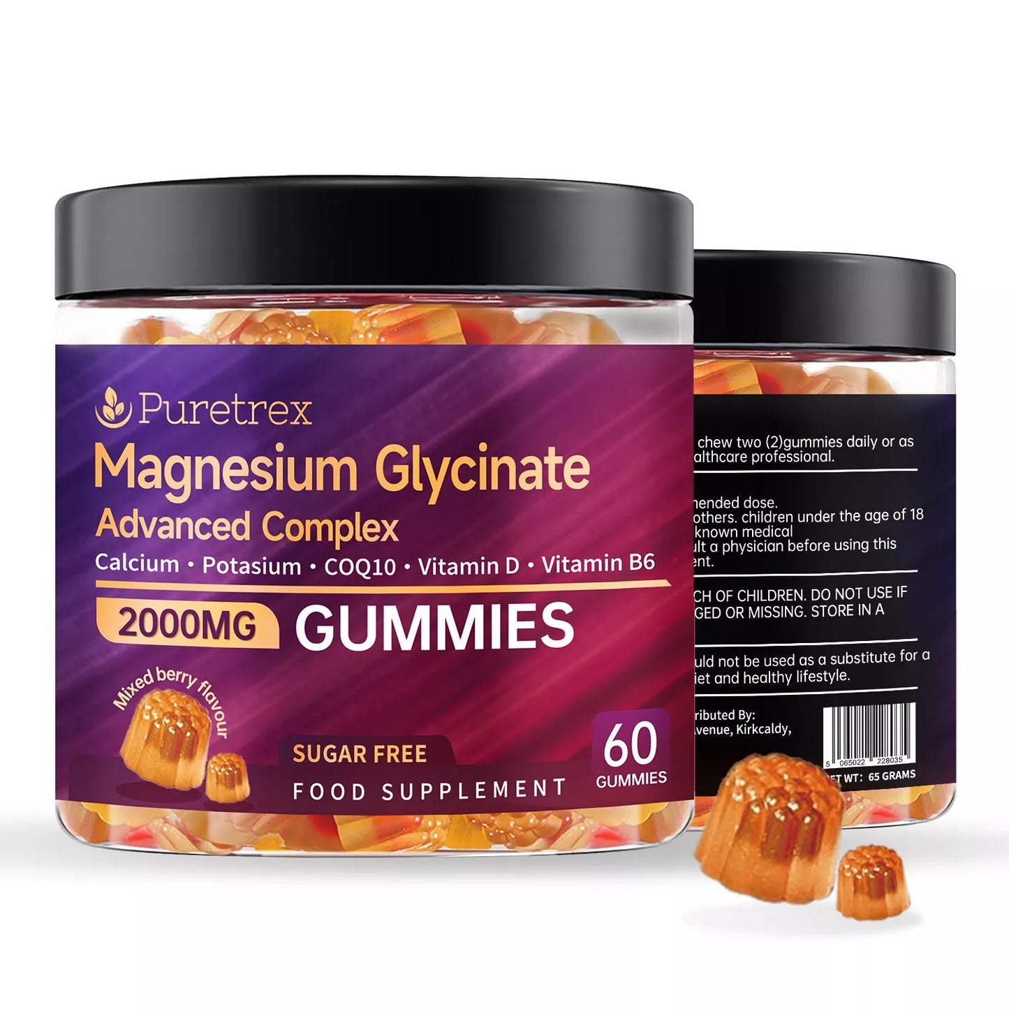 Two jars of Puretrex Magnesium Glycinate Advanced Complex Gummies – 2000mg sugar-free supplement with essential minerals and vitamins, 60 gummies per jar.