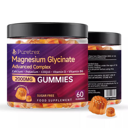 Two jars of Puretrex Magnesium Glycinate Advanced Complex Gummies – 2000mg sugar-free supplement with essential minerals and vitamins, 60 gummies per jar.