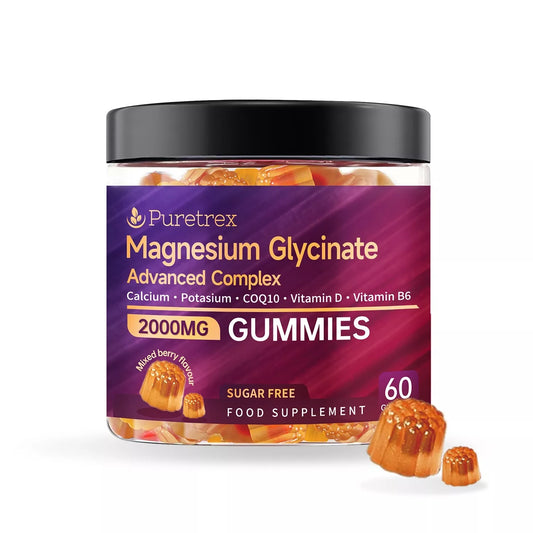 Puretrex Magnesium Glycinate Advanced Complex Gummies 2000mg – sugar-free supplement with calcium, potassium, CoQ10, vitamin D, and vitamin B6, 60 gummies.