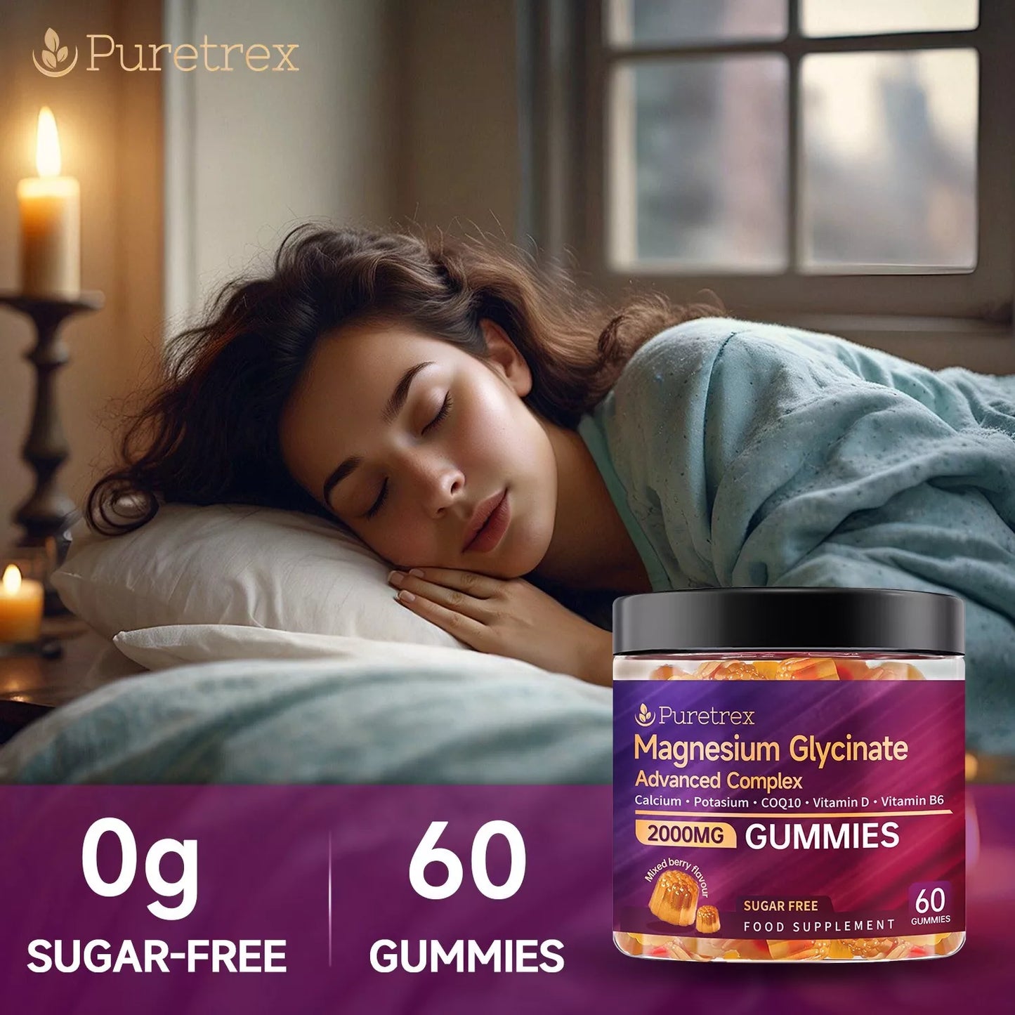 Woman resting peacefully with Puretrex Magnesium Glycinate Gummies – advanced magnesium complex with calcium, CoQ10, vitamin D, and vitamin B6.
