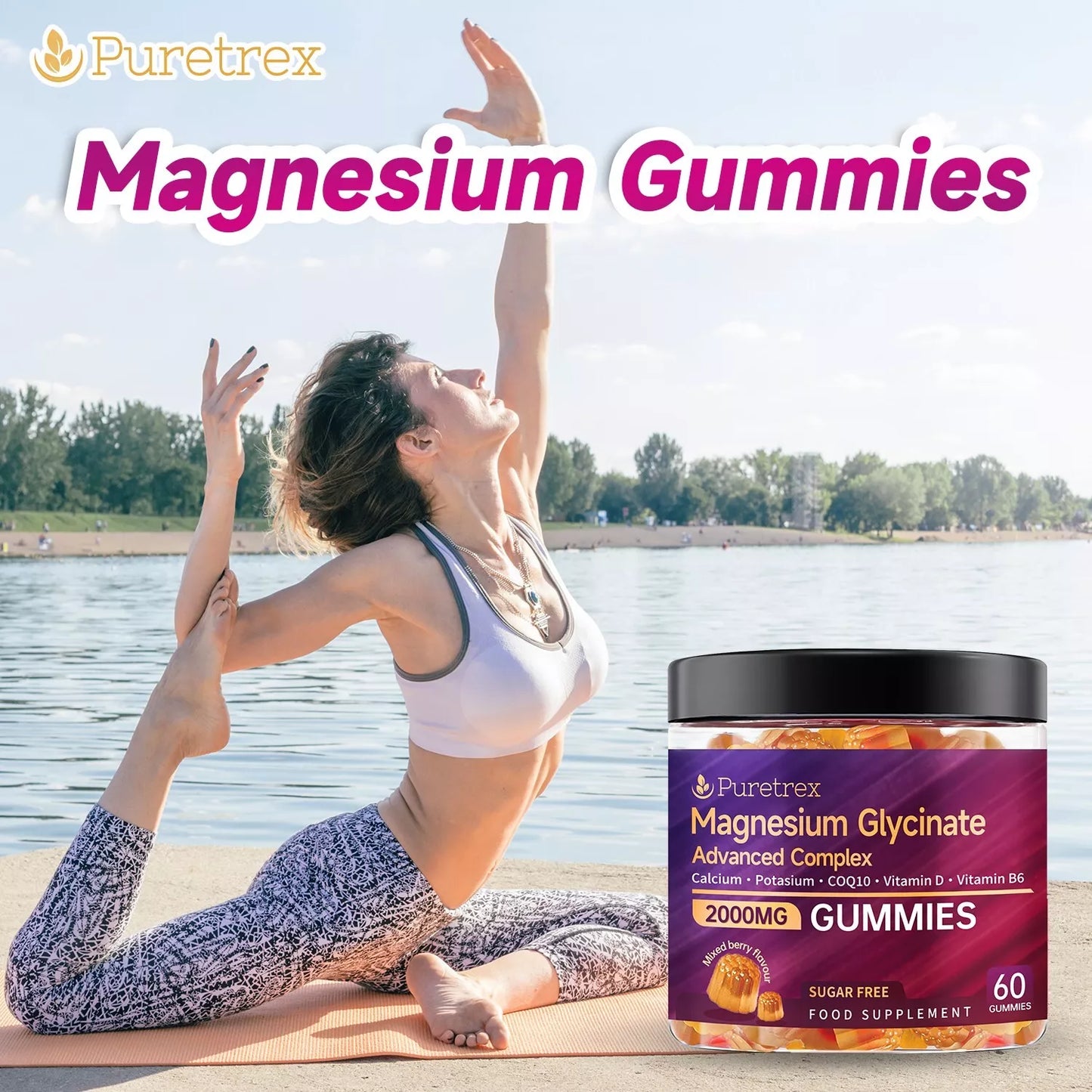 Woman practicing yoga with Puretrex Magnesium Glycinate Gummies – sugar-free magnesium complex with added minerals and vitamins for daily wellness.