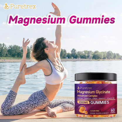 Woman practicing yoga with Puretrex Magnesium Glycinate Gummies – sugar-free magnesium complex with added minerals and vitamins for daily wellness.