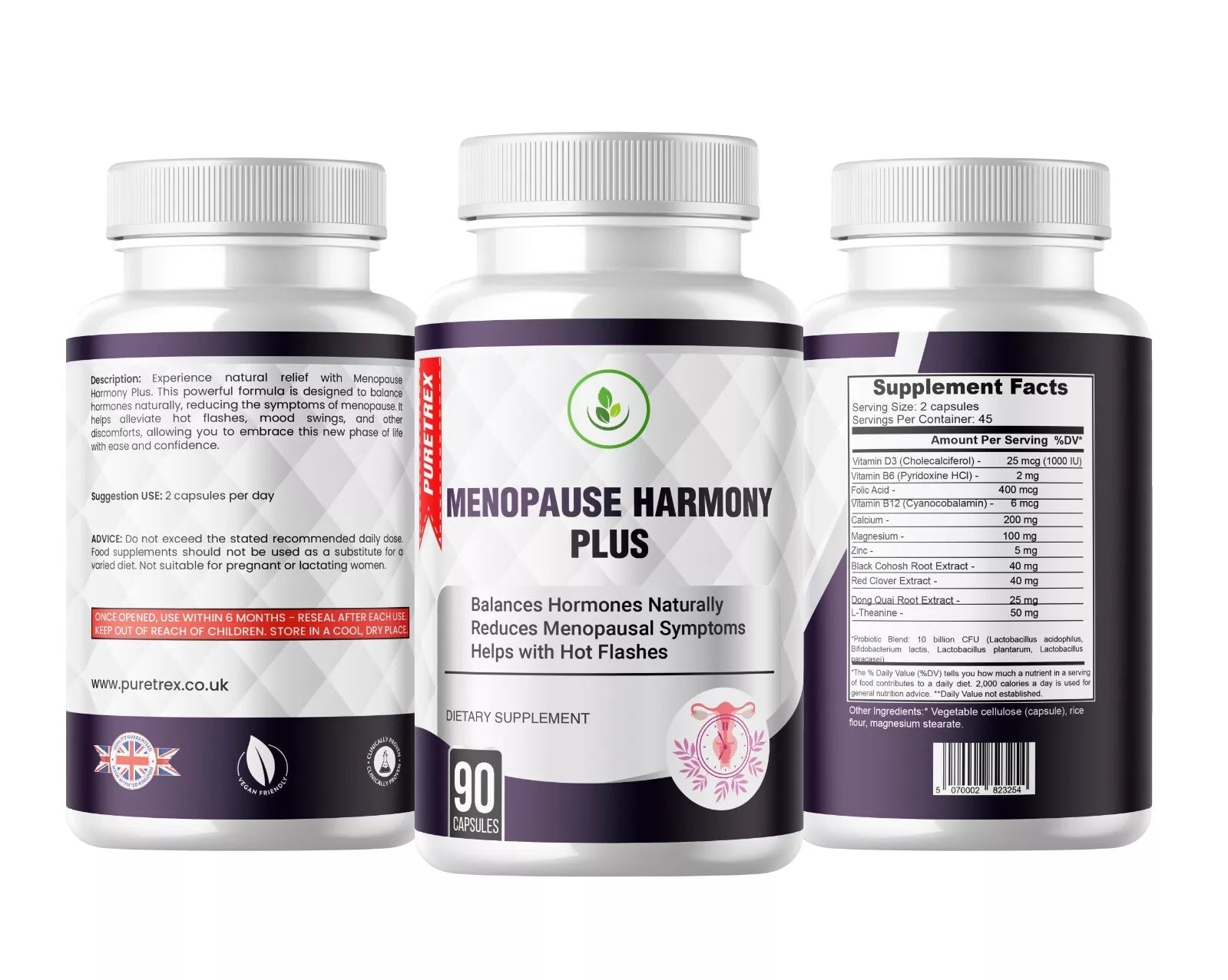 Menopause Harmony Plus – Capsules - PURETREX Supplement facts and back label of Puretrex Menopause Harmony Plus, showing dosage instructions, ingredients, and product certifications.