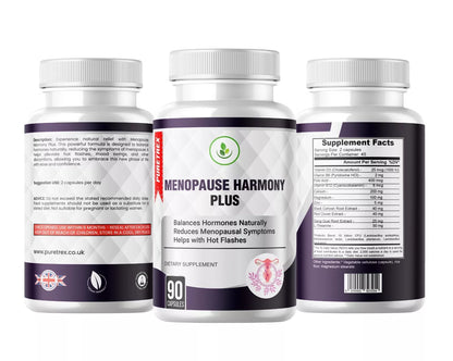 Menopause Harmony Plus – Capsules - PURETREX Supplement facts and back label of Puretrex Menopause Harmony Plus, showing dosage instructions, ingredients, and product certifications.