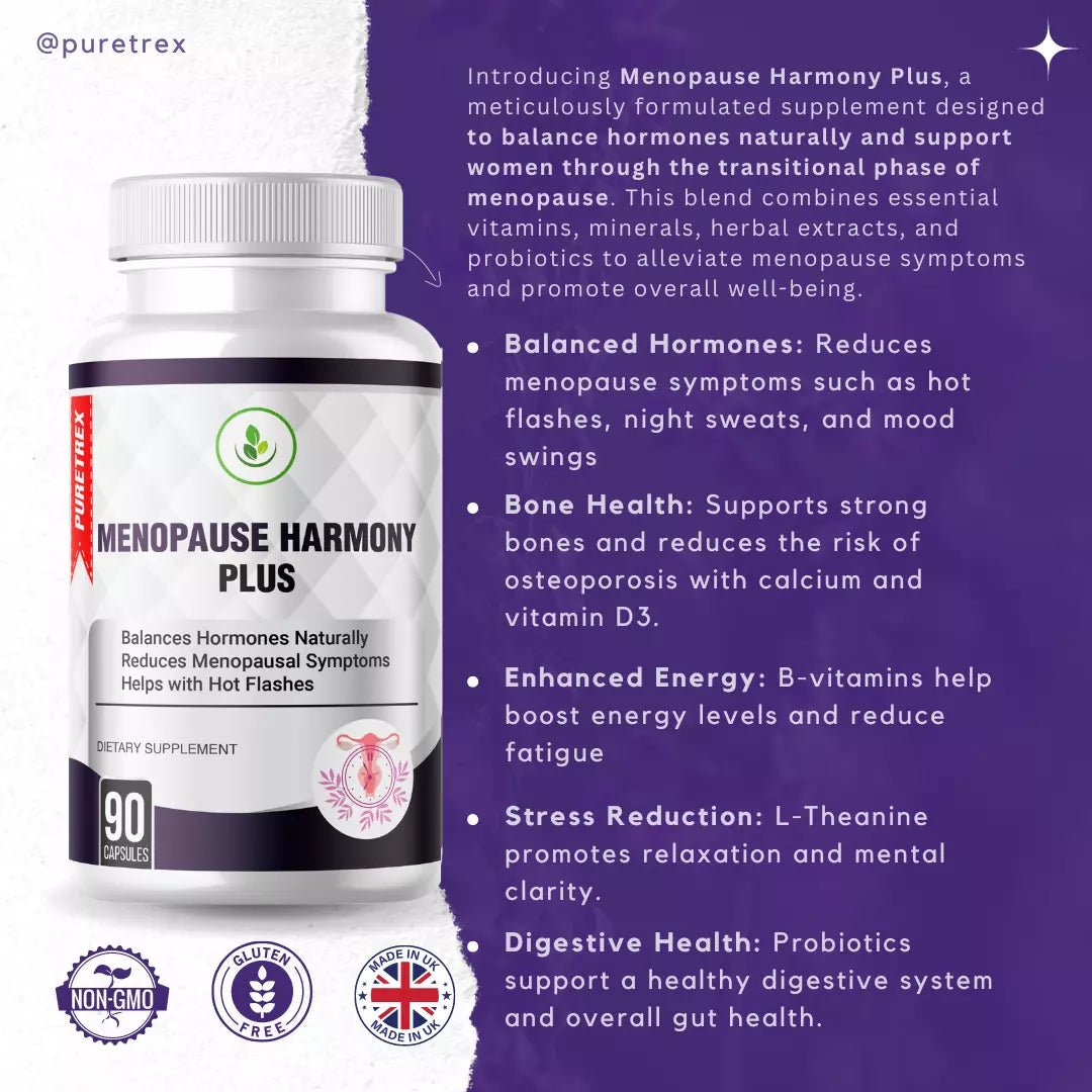 Benefits of Puretrex Menopause Harmony Plus – supports hormone balance, reduces hot flashes, improves bone health, enhances energy, and promotes emotional well-being.