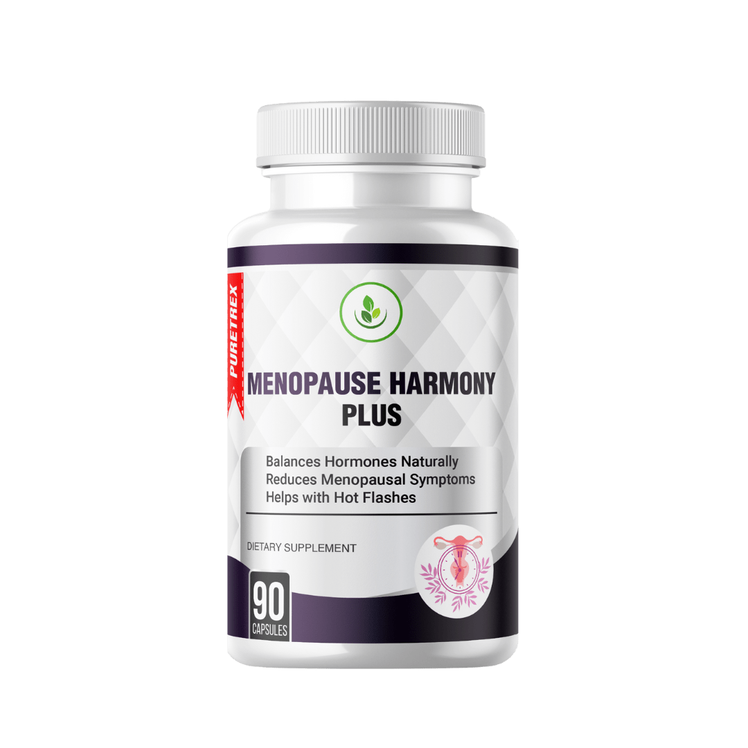 Puretrex Menopause Harmony Plus supplement bottle, 90 capsules, designed to balance hormones, reduce menopausal symptoms, and help with hot flashes.