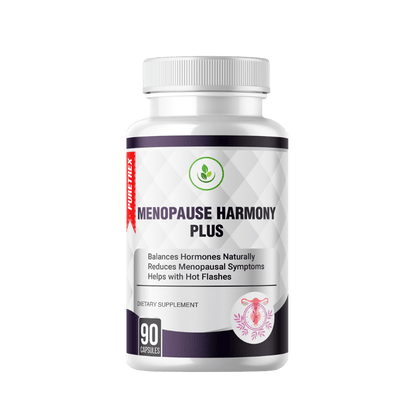 Puretrex Menopause Harmony Plus supplement bottle, 90 capsules, designed to balance hormones, reduce menopausal symptoms, and help with hot flashes.