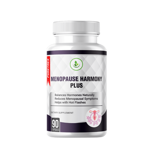 Puretrex Menopause Harmony Plus supplement bottle, 90 capsules, designed to balance hormones, reduce menopausal symptoms, and help with hot flashes.
