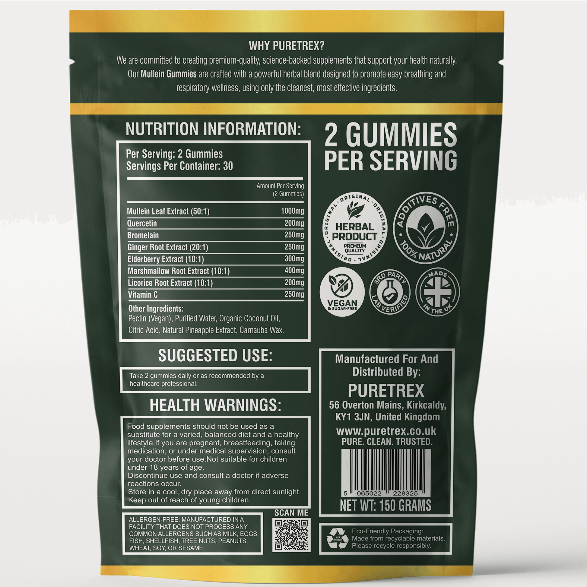 Back view of PURETREX Mullein Gummies 8-in-1 package with full nutrition information, suggested use, health warnings, and certifications like vegan and made in the UK.