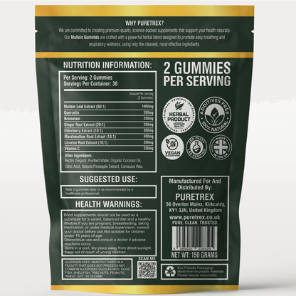 Back view of PURETREX Mullein Gummies 8-in-1 package with full nutrition information, suggested use, health warnings, and certifications like vegan and made in the UK.
