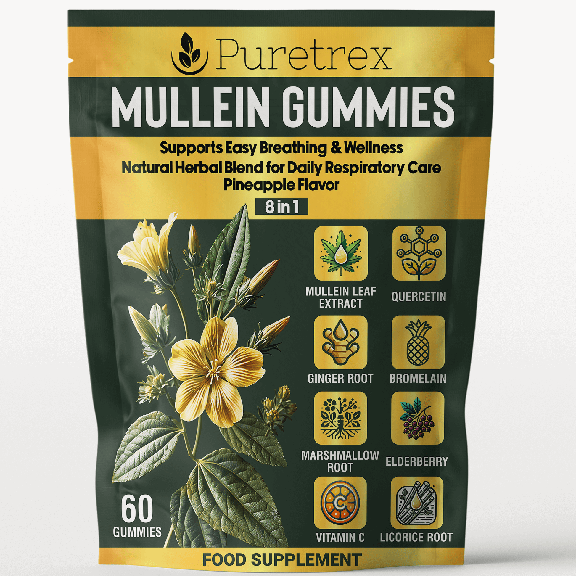 Front packaging of PURETREX Mullein Gummies 8-in-1, showing key ingredients like mullein leaf extract, quercetin, ginger root, bromelain, elderberry, marshmallow root, vitamin C, and licorice root.