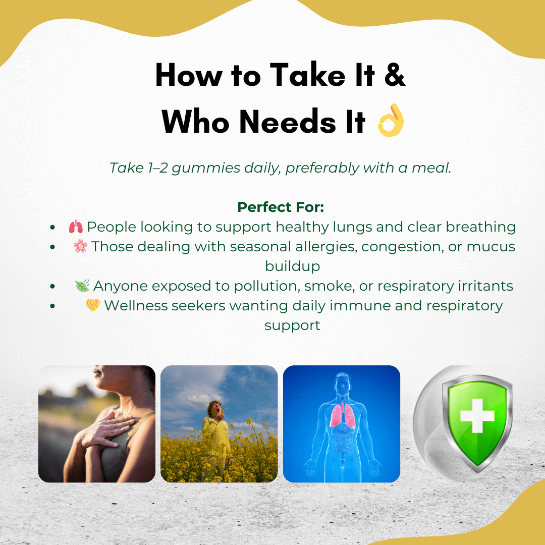 Guide on how to take PURETREX Mullein Gummies 8-in-1 with recommended dosage and best use cases for people with respiratory issues, allergies, or exposure to pollutants.