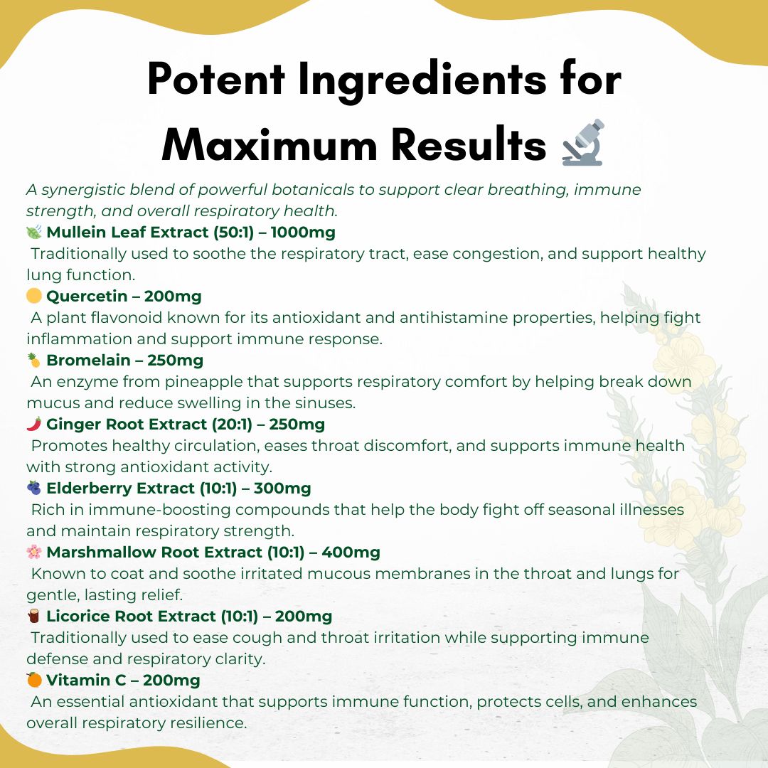 Detailed list of ingredients in PURETREX Mullein Gummies 8-in-1, including mullein leaf extract, quercetin, bromelain, ginger root, elderberry, marshmallow root, licorice root, and vitamin C.