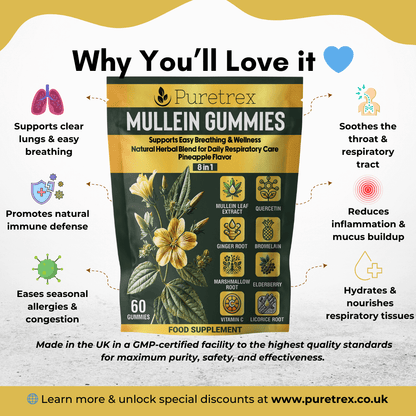 PURETREX Mullein Gummies 8-in-1 benefits infographic highlighting lung support, immune defense, allergy relief, throat soothing, mucus reduction, and respiratory hydration.