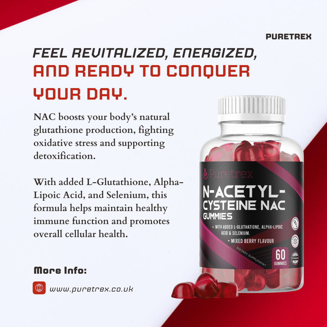 Key benefits of PURETREX NAC Gummies – revitalized energy, antioxidant protection, immune support, mixed berry flavor, vegan formula.