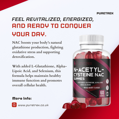 Key benefits of PURETREX NAC Gummies – revitalized energy, antioxidant protection, immune support, mixed berry flavor, vegan formula.
