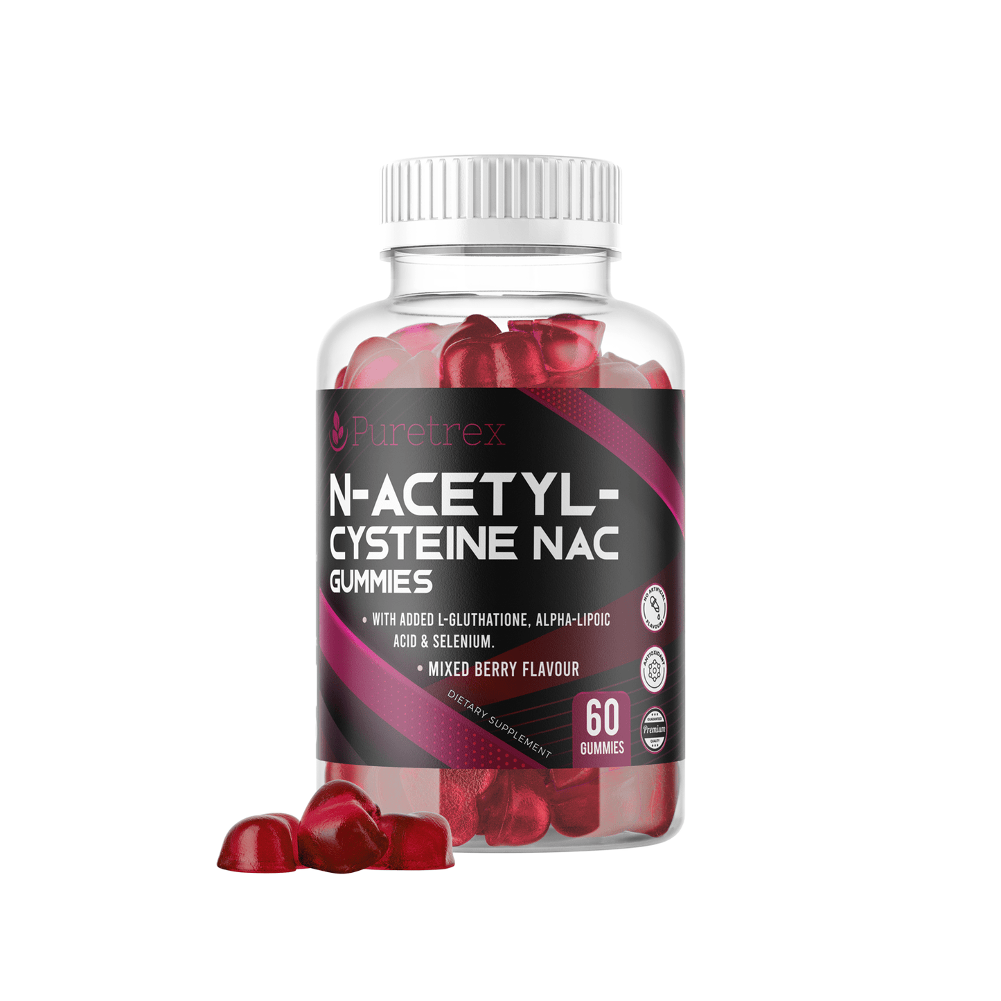 PURETREX N-Acetyl-Cysteine NAC Gummies bottle – 60 mixed berry flavor gummies with added L-Glutathione, Alpha Lipoic Acid, and Selenium.