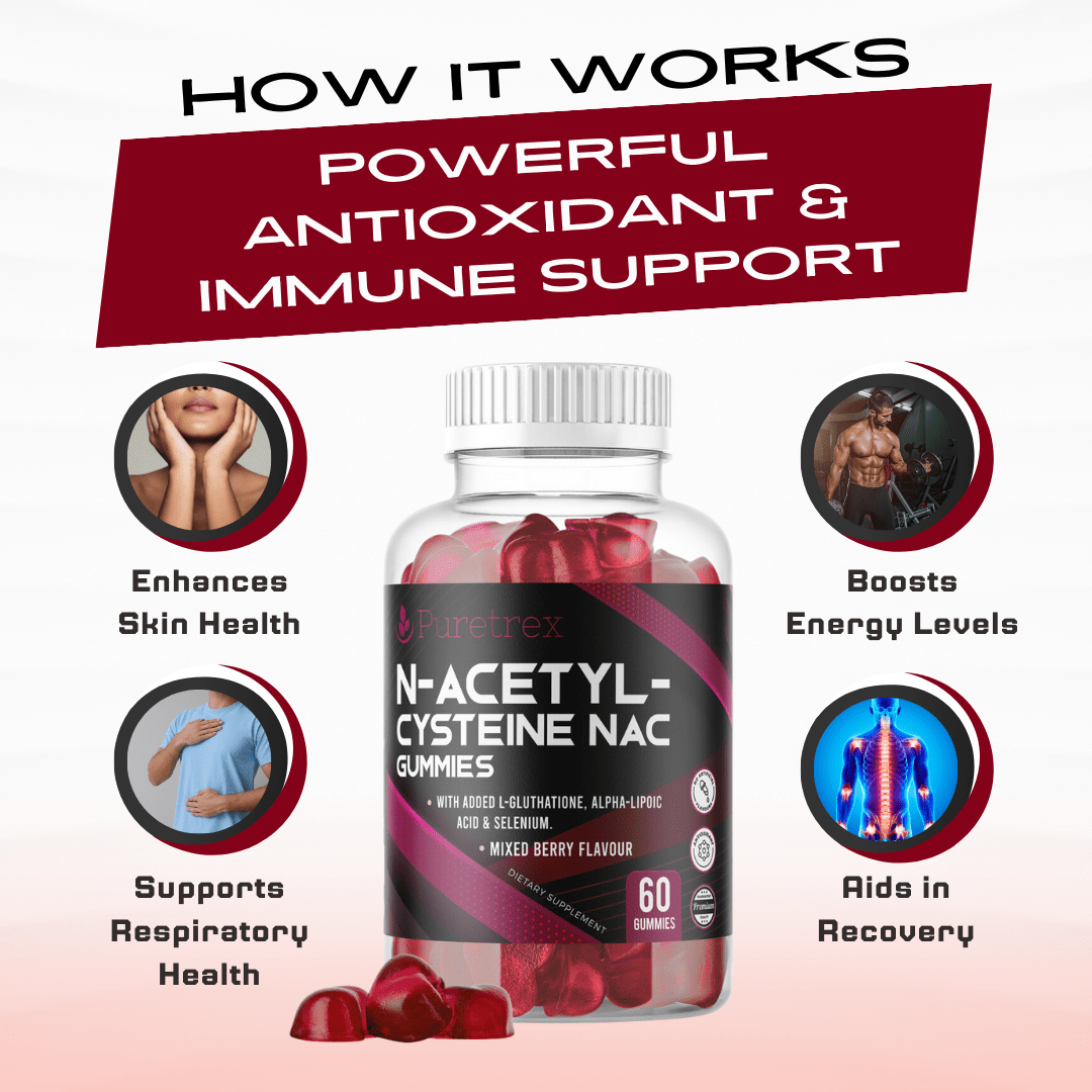 How NAC Gummies work – antioxidant support, enhances skin health, supports respiratory health, boosts energy and recovery.