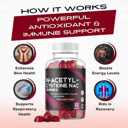How NAC Gummies work – antioxidant support, enhances skin health, supports respiratory health, boosts energy and recovery.