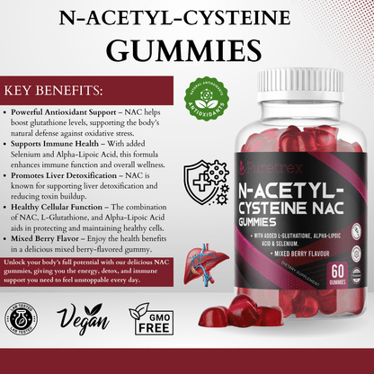PURETREX NAC Gummies product info panel – description, vegan, gluten-free, antioxidant and immune support supplement.
