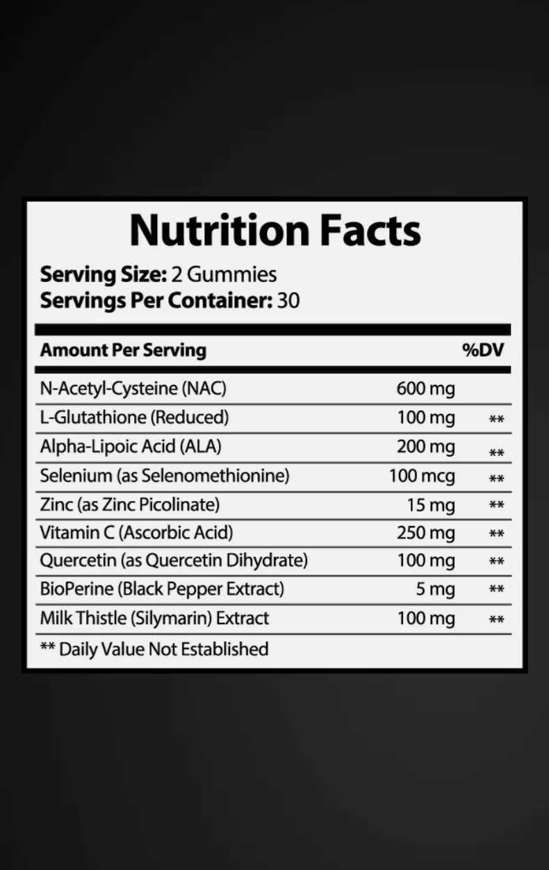 Nutrition Facts of PURETREX N-Acetyl-Cysteine NAC Gummies – detailed serving size and ingredient breakdown per gummy.