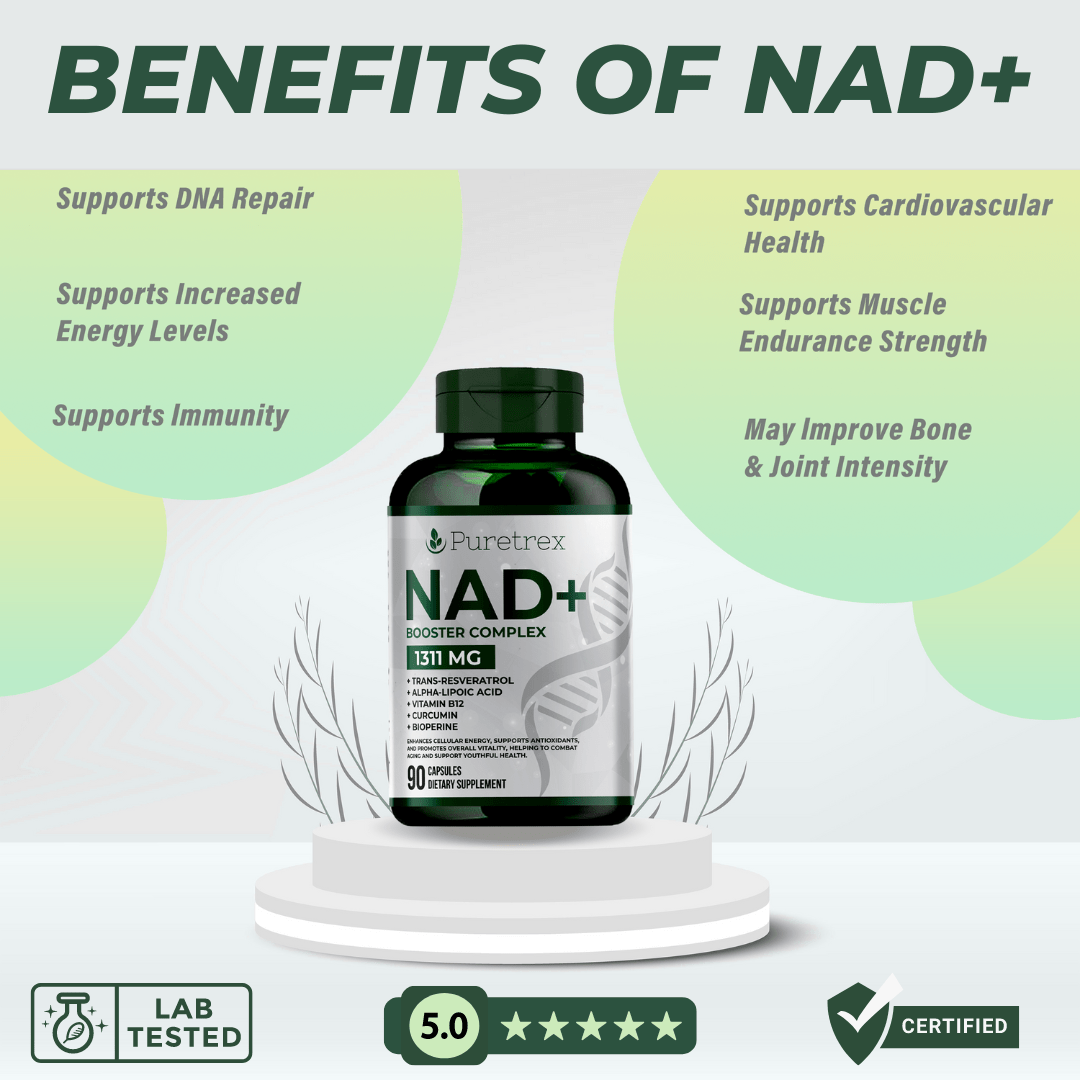 NAD+ Booster Complex with Trans-Resveratrol Capsules - PURETREX Key benefits of PURETREX NAD+ Booster Complex – supports DNA repair, energy, cardiovascular health, brain function, and immunity.