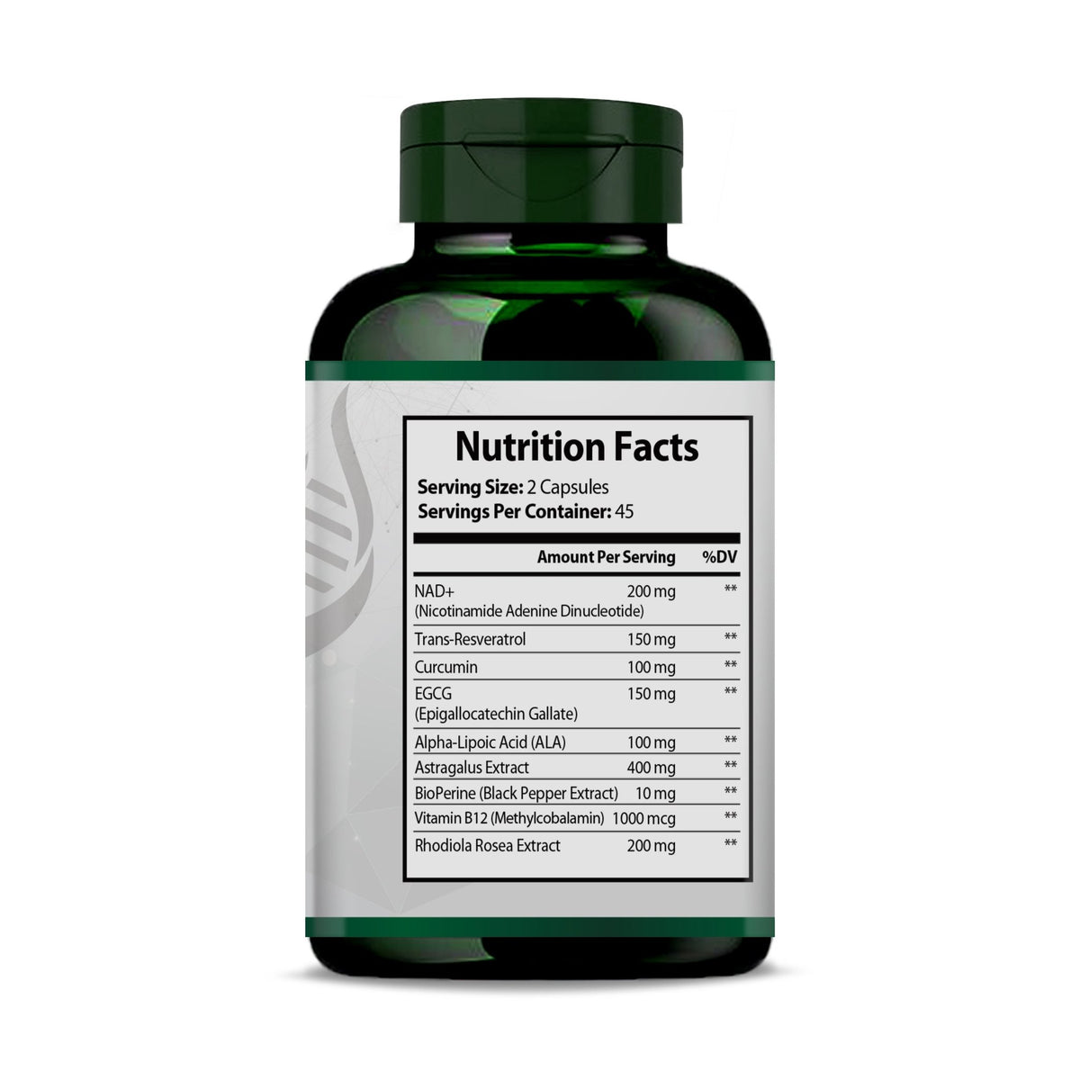 NAD+ Booster Complex with Trans-Resveratrol Capsules - PURETREX Back view of PURETREX NAD+ Booster Complex bottle with usage instructions, ingredient list, and certifications.